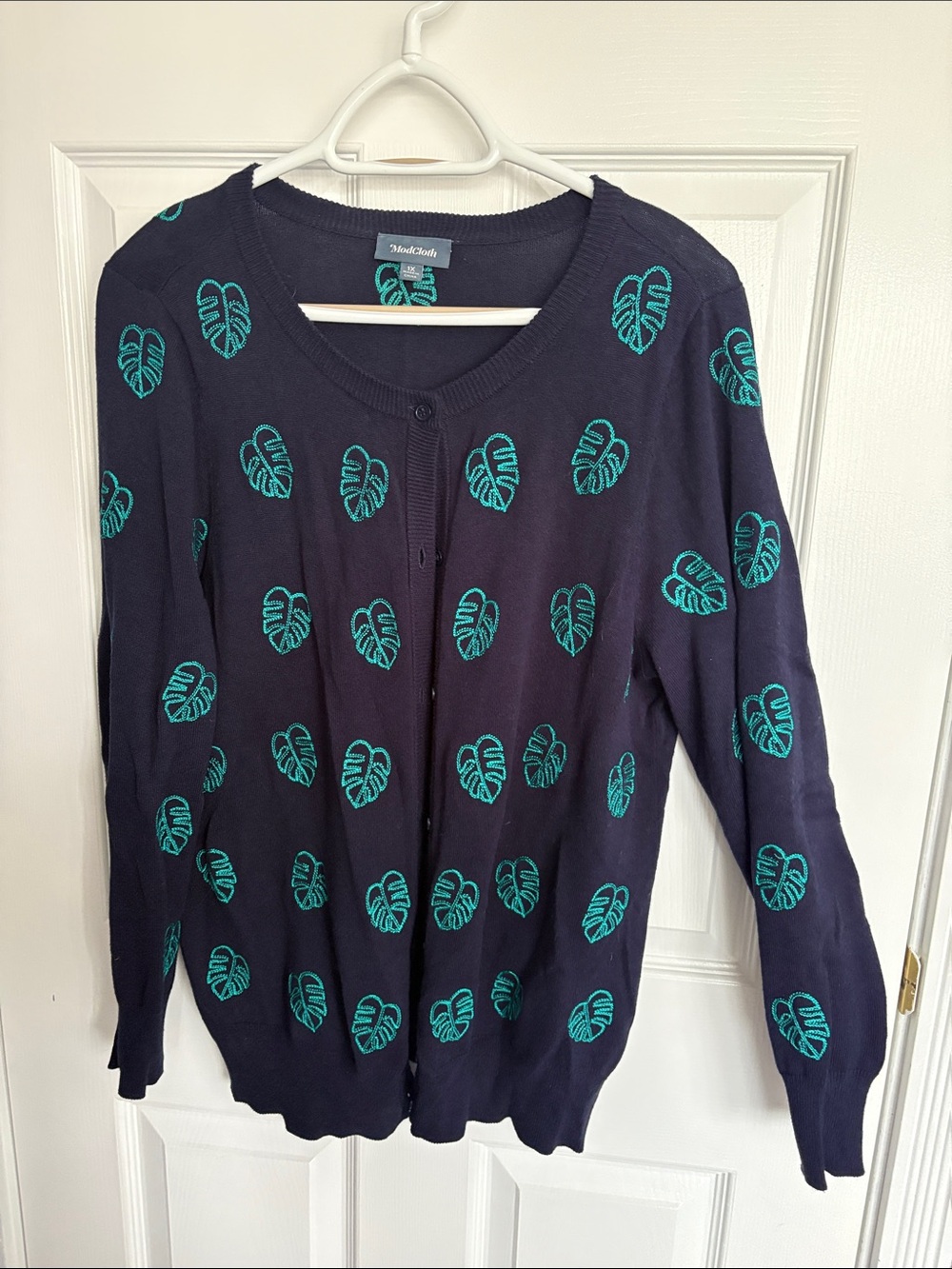 Modcloth Navy Cardigan with Teal Leaf Motif